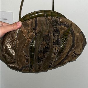 Vintage Brown Leather Patchwork Handbag with strap 80’s clutch or crossbody